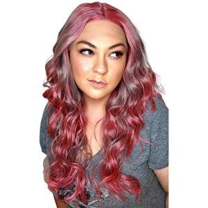 Pink Gray Ombre Blacklight Reactive Synthetic Loose Curl T-Part Lace Front Wig
